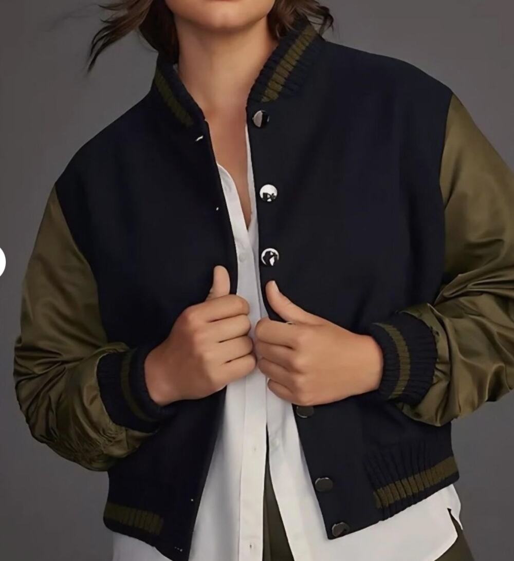 Anthropologie Dolan Varsity Bomber Jacket Green Gathered Sleeves Navy Medium